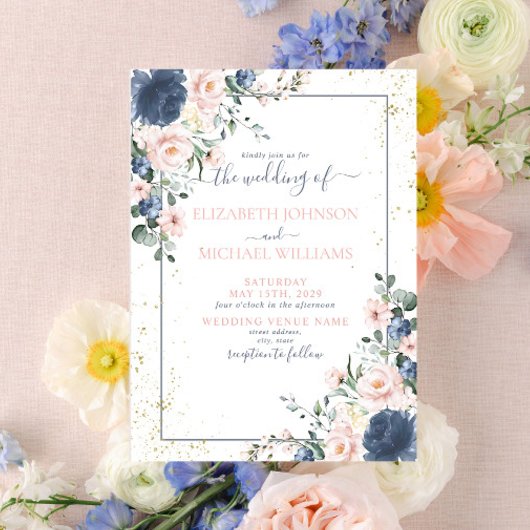 Light Dusty Blue Blush Pink Gold Floral Wedding Einladung