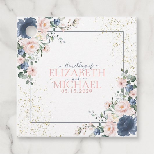 Light Dusty Blue Blush Pink Gold Floral Wedding Geschenkanhänger (Vorderseite)