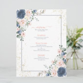 Light Dusty Blue Blush Pink Gold Floral Wedding Menükarte (Stehend Vorderseite)