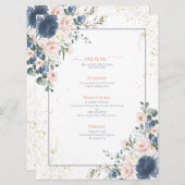 Light Dusty Blue Blush Pink Gold Floral Wedding Menükarte (Vorne/Hinten)