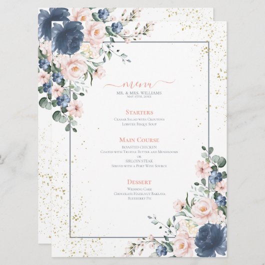 Light Dusty Blue Blush Pink Gold Floral Wedding Menükarte (Vorne/Hinten)