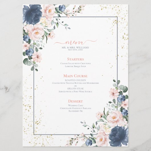 Light Dusty Blue Blush Pink Gold Floral Wedding Menükarte (Vorderseite)