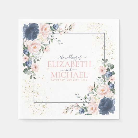 Light Dusty Blue Blush Pink Gold Floral Wedding Serviette (Vorderseite)