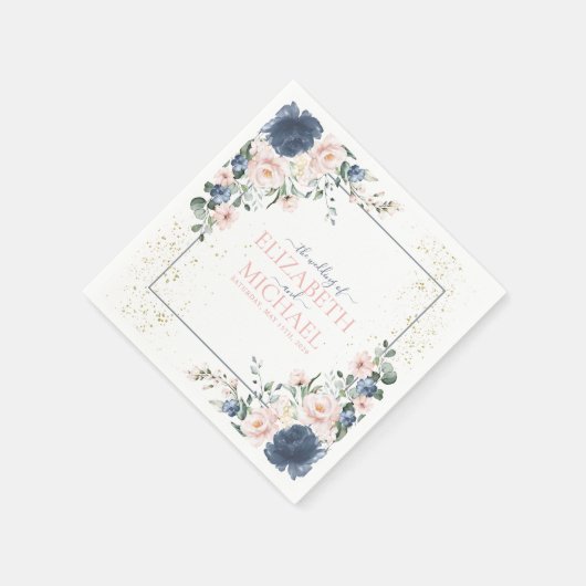 Light Dusty Blue Blush Pink Gold Floral Wedding Serviette (Ecke)
