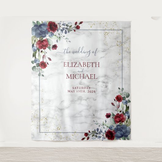 Light Dusty Blue Burgundy Floral Gold Wedding Wandteppich (Vorderseite)