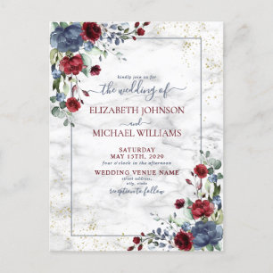 Light Dusty Blue Burgundy Floral Postcard Wedding Ankündigungspostkarte