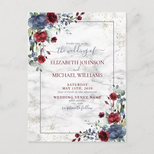 Light Dusty Blue Burgundy Floral Postcard Wedding Ankündigungspostkarte (Vorderseite)
