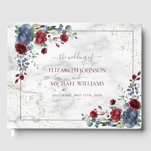 Light Dusty Blue Burgundy Floral Postcard Wedding Gästebuch (Vorderseite)
