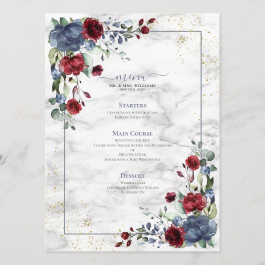 Light Dusty Blue Burgundy Floral Wedding Menükarte (Vorderseite)