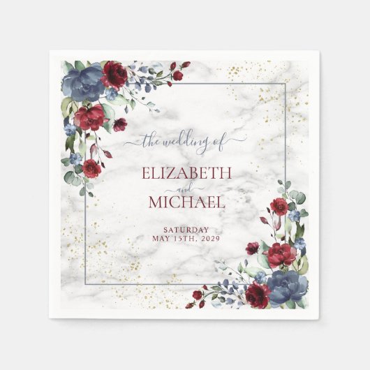 Light Dusty Blue Burgundy Floral Wedding Serviette (Vorderseite)