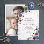 Light Dusty Blue Burgundy Foto Wedding Einladung