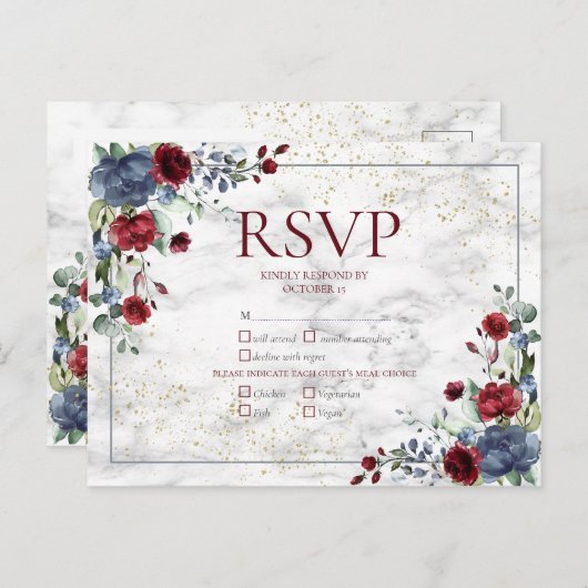 Light Dusty Blue Burgundy Gold Wedding RSVP Einladungspostkarte (Vorne/Hinten)