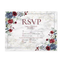 Light Dusty Blue Burgundy Gold Wedding RSVP