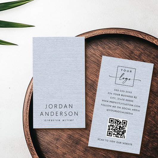 Light dusty blue linen print logo QR business card