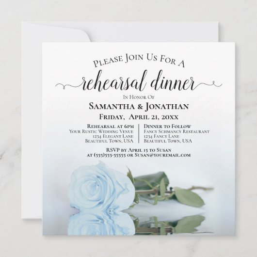 Light Dusty Blue Rose Hochzeit Probe & Abendessen Einladung (Vorderseite)
