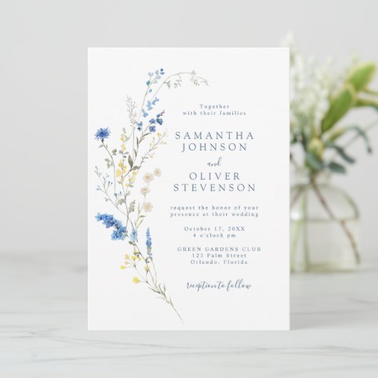 Light Dusty Blue Wildblume Rustic Boho Wedding Einladung (Stehend Vorderseite)