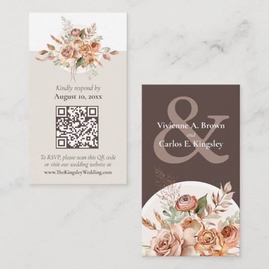 Light Earth Tone Floral Boho Wedding RSVP QR Card Visitenkarte (Vorne/Hinten)