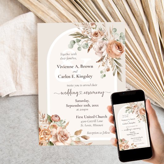 Light Earth Tone Floral Rustic Boho Wedding Einladung