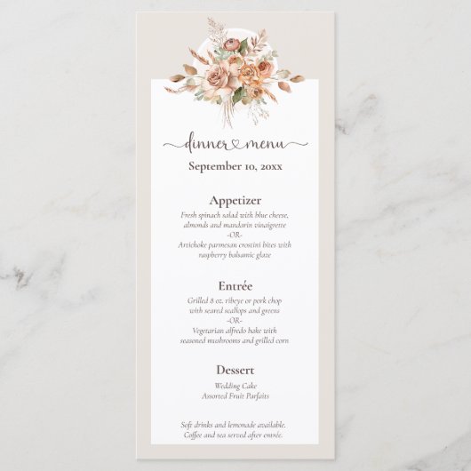 Light Earth Tone Floral Rustic Boho Wedding Menu Programm (Vorderseite)