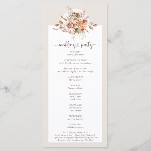Light Earth Tone Floral Rustic Boho Wedding Party Programm (Rückseite)
