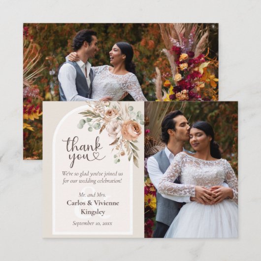 Light Earth Tone Rustic Boho Floral Wedding Foto Dankeskarte (Vorne/Hinten)
