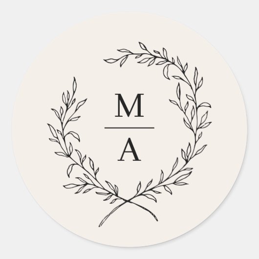 Light Ecru Simple Elegant Laurel Wreath Monogram Runder Aufkleber (Vorderseite)