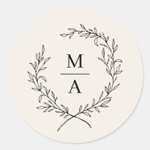 Light Ecru Simple Elegant Laurel Wreath Monogram Runder Aufkleber