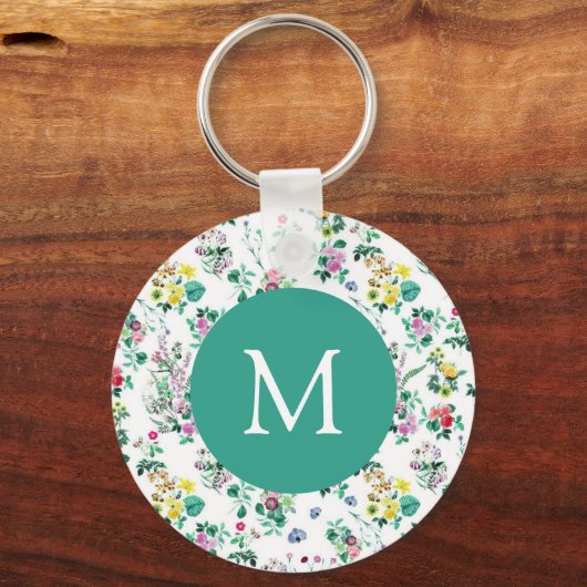 Light Floral Pattern Teal Monogram Schlüsselanhänger (Vorderseite)