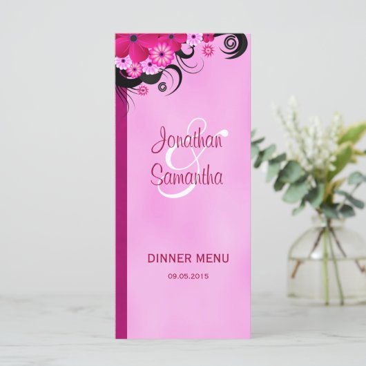 Light Fuchsia Floral Wedding Dinner Karten (Stehend Vorderseite)
