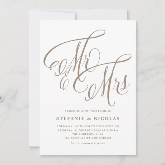 Light Gold Mr. und Mrs. Rustic Calligraphy Wedding Einladung (Vorderseite)