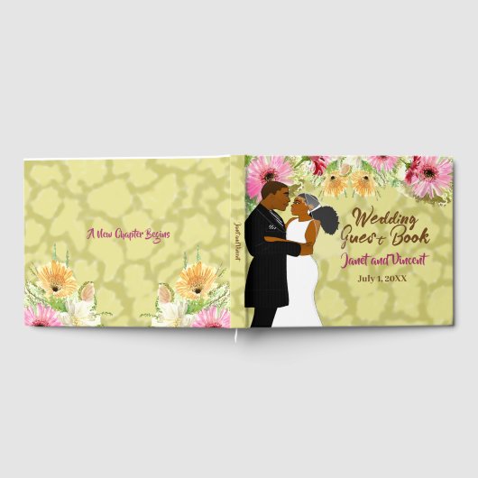 Light Gold Wildblumen Afroamerikanisches Paar Gästebuch (Voll)