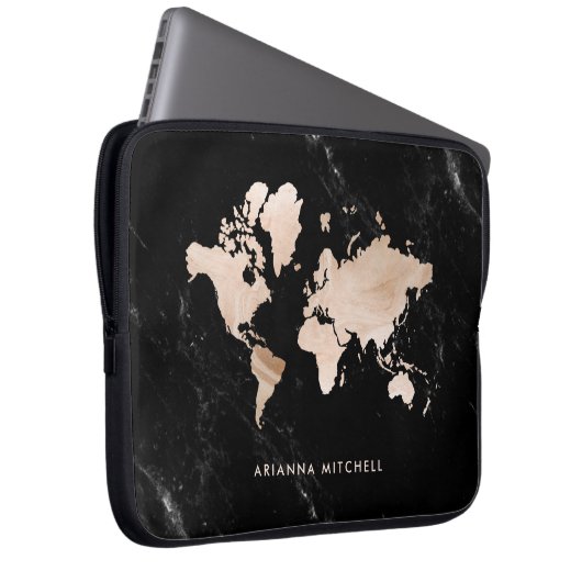 Light Gold World Map auf schwarzem Marmor Laptopschutzhülle (Vorne Rechts)