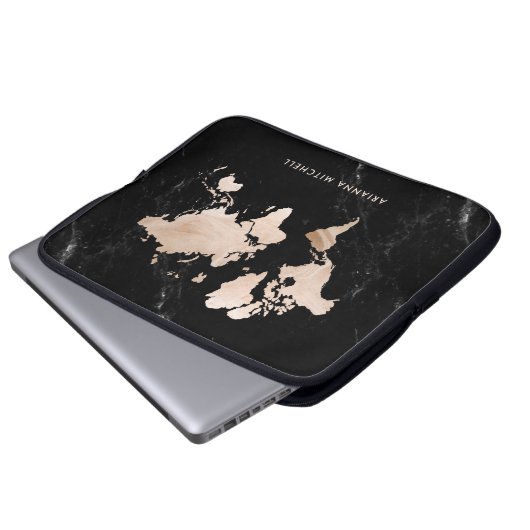 Light Gold World Map auf schwarzem Marmor Laptopschutzhülle (Vorne Knopf)
