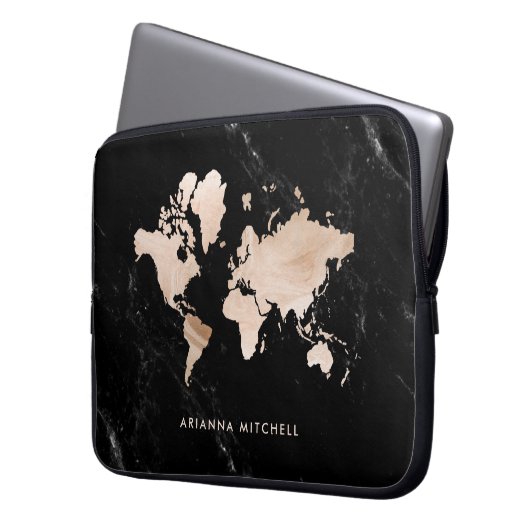 Light Gold World Map auf schwarzem Marmor Laptopschutzhülle (Vorderseite Links)