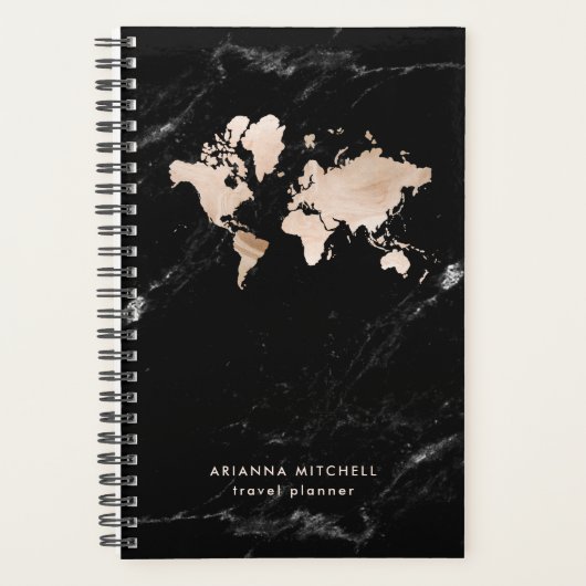 Light Gold World Map auf schwarzem Marmor Planer (Vorderseite)