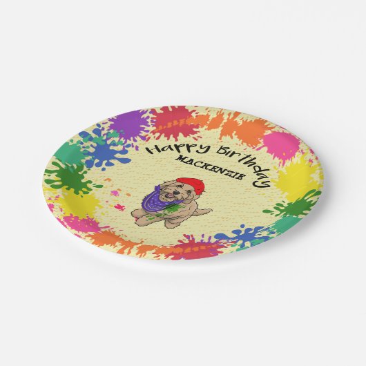 Light Goldendoodle Hund Fun Paint Party Pappteller (Schrägansicht)