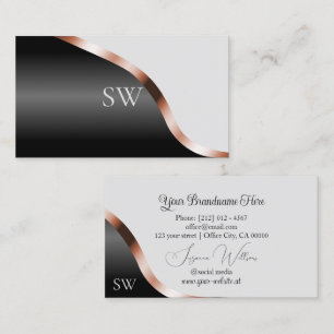 Light Gray Black Wavy Rose Gold Deco Mit Monogramm Visitenkarte