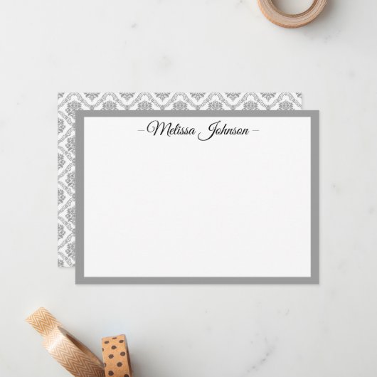 Light Gray Damask Personalisiert Mitteilungskarte (Vorderseite/Rückseite Beispiel)