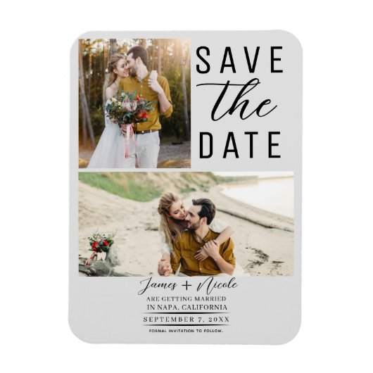 Light Gray Modern 2 Fotos Save the Date Hochzeit Magnet (Vertikal)
