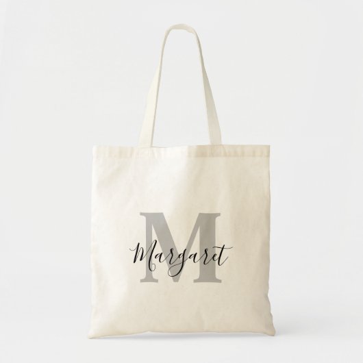 Light Gray Monogram Black Script Name Tote Bag Tragetasche (Vorne)