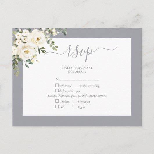 Light Gray White Floral Script Wedding RSVP Einladungspostkarte (Vorderseite)