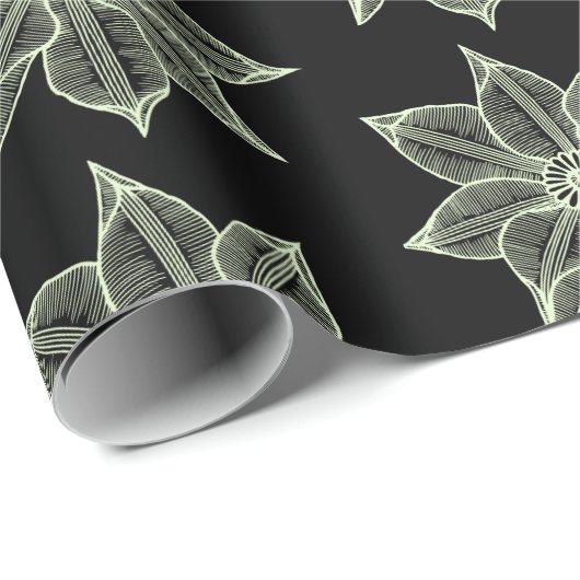 Light Green auf Black Sketchy Blume Geschenkpapier (Rolleneckpunkt)