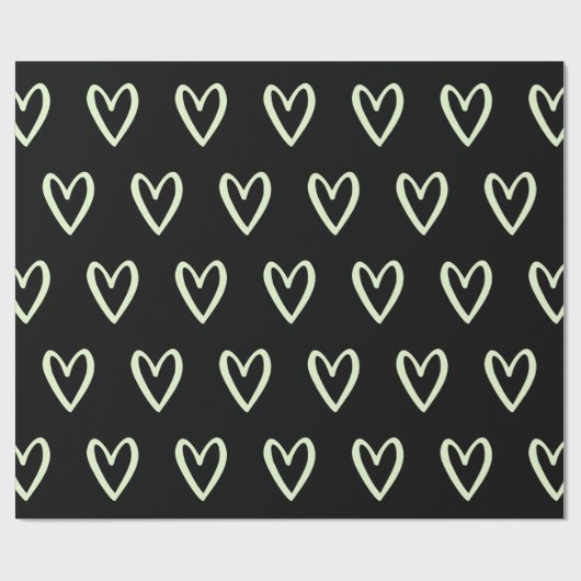 Light Green auf schwarzen, handgezogenen Herzen Geschenkpapier (Flach)