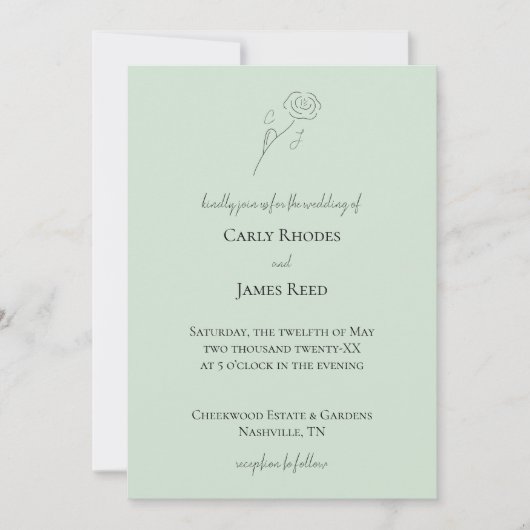 Light Green Blume Line Art Monogram Wedding Einladung (Vorderseite)