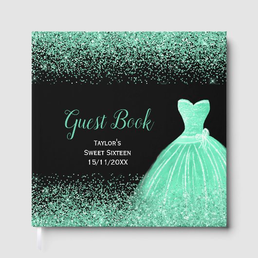 Light Green Dress Faux Glitter Sweet 16 Birthday Gästebuch (Vorderseite)