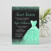Light Green Dress Imitate Glitzer Sweet 16 Birthda Einladung (Stehend Vorderseite)