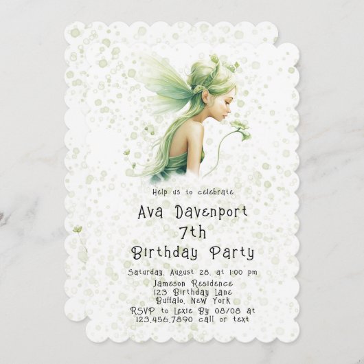 Light Green Fairy Girl Birthday Party Einladung (Vorne/Hinten)