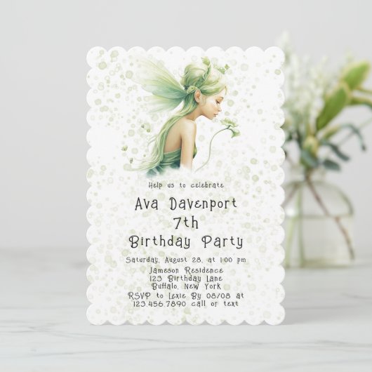 Light Green Fairy Girl Birthday Party Einladung (Stehend Vorderseite)