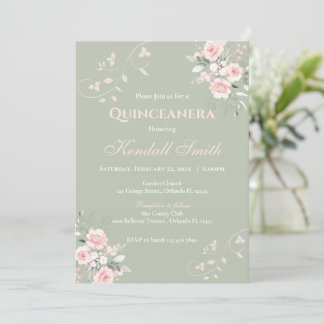 Light Green Floral Pink Quinceanera Einladung