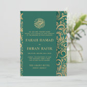 Light Green Gold Muster Islamische Hochzeit Einladung (Stehend Vorderseite)